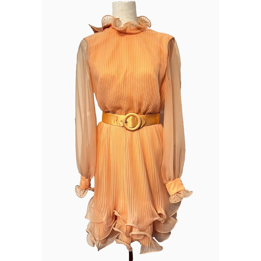 Vtg MISS ELLIETTE Dress Pleated Chiffon Orange Peach Cocktail Party Ruffle Hem